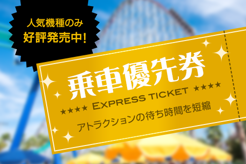 人気機種のみ好評発売中！　乗車優先券　Express ticket　アトラクションの待ち時間を短縮